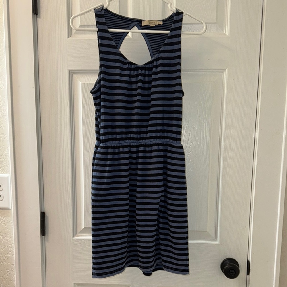 Loft Blue and Black Sleeveless Keyhole Back Detail Cotton blend Sundress